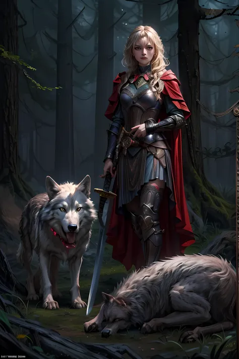 fantasy art, RPG art, Dark fantasy art, ultra wide shot, RAW, photorealistic, a picture of female human ranger and her wolf pet,...