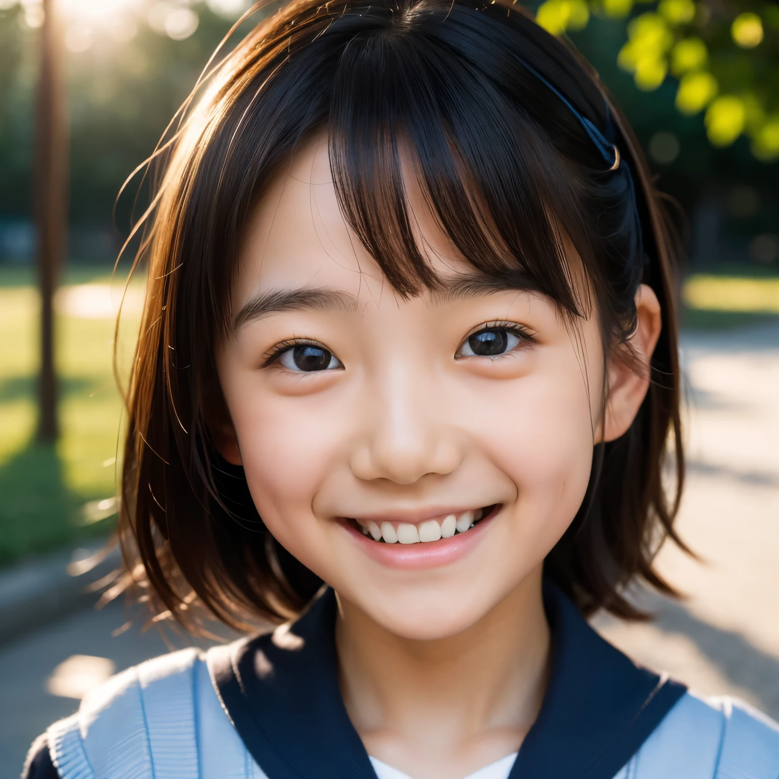 lente: 135 mm f1.8, (de la máxima calidad),(Fotos CRUDAS), (Mesa:1.1), (Preciosa niña japonesa de 11 años), cara linda, (Cara profundamente cincelada:0.7), (pecas:0.4), dappled luz de sol, iluminación dramática, (uniforme escolar japonés), (en el campus), tímido, (fotografía de cerca:1.2), (sonrisa),, (Ojos chispeantes)、(luz de sol)