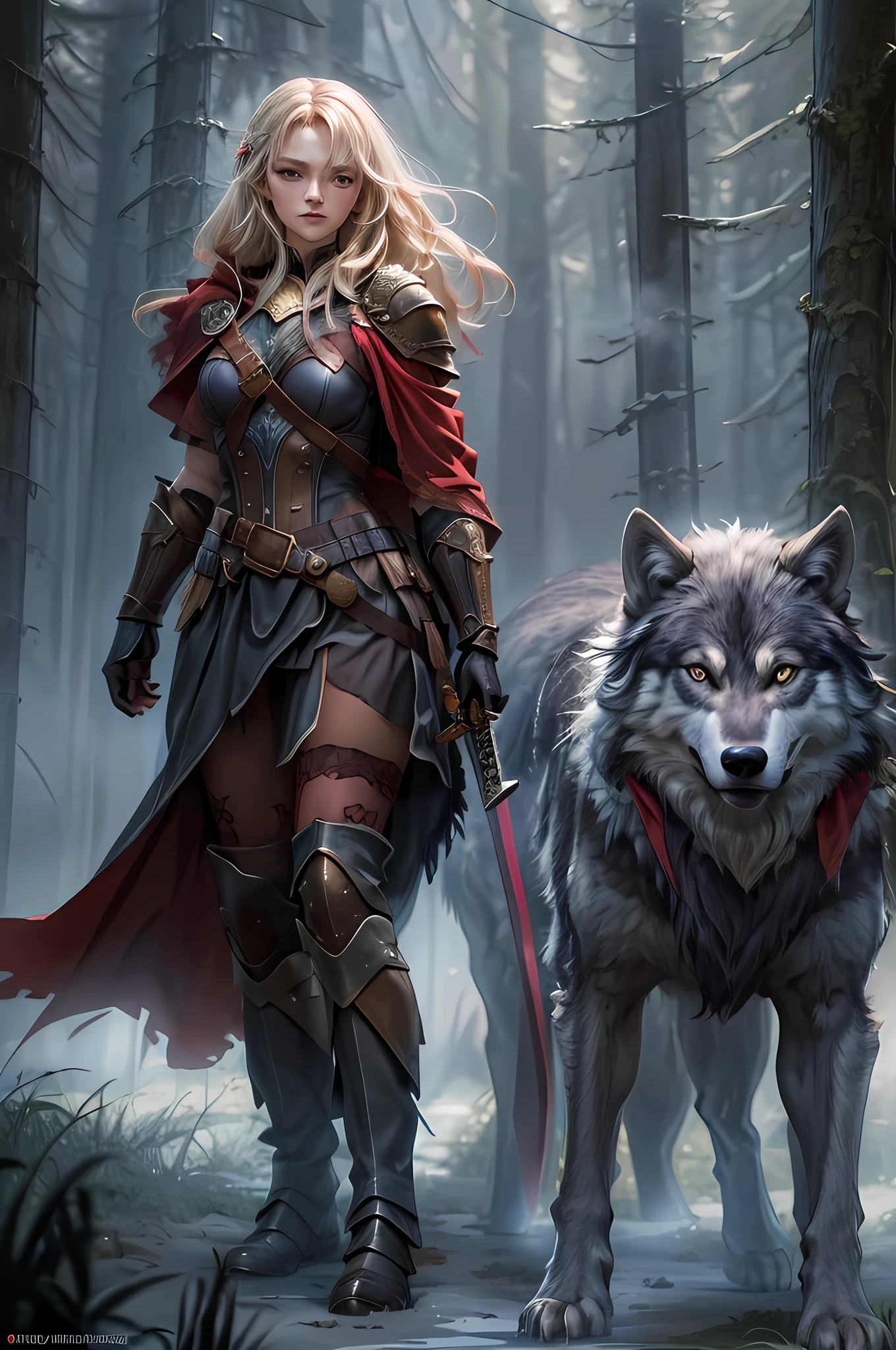 fantasy art, RPG art, Dark fantasy art, ultra wide shot, RAW, photorealistic, a picture of female human ranger and her wolf pet, the ranger, an exquisite beautiful human woman, long blond hair, braided hair, green eyes, wearing leather armor, wearing (red cloak: 1.1), armed with a (sword: 1.3), wearing laced boots, standing in a dark forest at night, (mist rising from the grounds: 1.3), a sense of dread and fear, yet she stands defiant and fearless, her wolf pet stands near her, protecting her, dark fantasy forest background, best quality, 16k, [ultra detailed], masterpiece, best quality, (ultra detailed), full body, ultra wide shot, photorealism, armored dress, FairyTaleAI