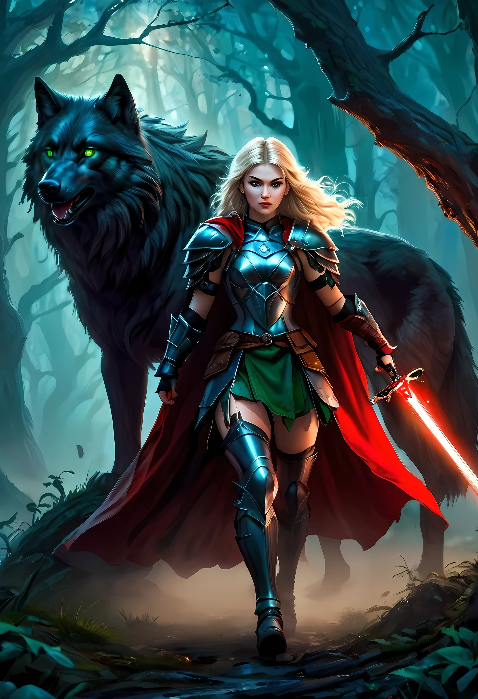 fantasy art, RPG art, Dark fantasy art, ultra wide shot, RAW, photorealistic, a picture of female human ranger and her wolf pet, the ranger, an exquisite beautiful human woman, long blond hair, braided hair, green eyes, wearing leather armor, wearing (red cloak: 1.1), armed with a (sword: 1.3), wearing laced boots, standing in a dark forest at night, (mist rising from the grounds: 1.3), a sense of dread and fear, yet she stands defiant and fearless, her wolf pet stands near her, protecting her, dark fantasy forest background, best quality, 16k, [ultra detailed], masterpiece, best quality, (ultra detailed), full body, ultra wide shot, photorealism, armored dress, FairyTaleAI