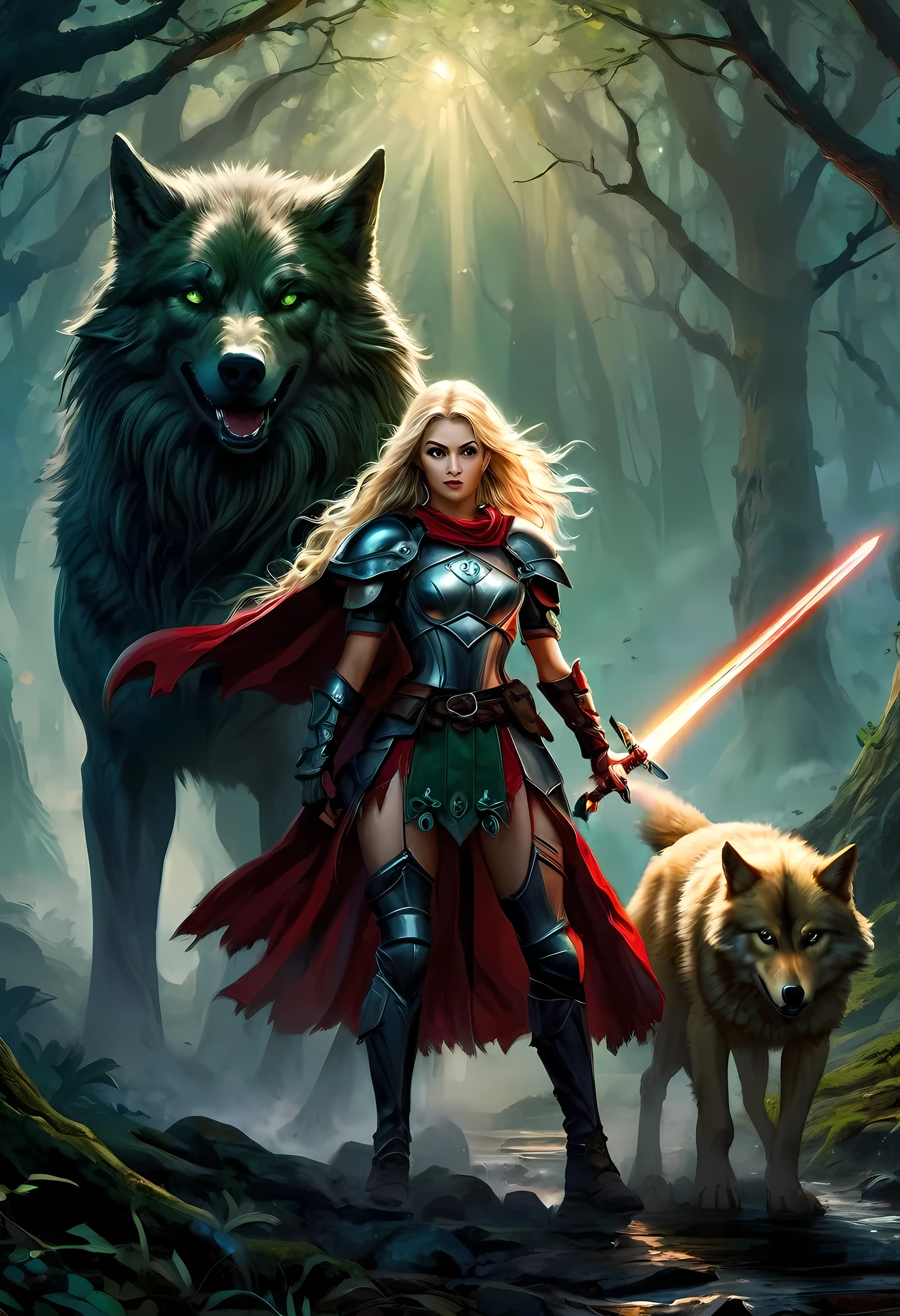 fantasy art, RPG art, Dark fantasy art, ultra wide shot, RAW, photorealistic, a picture of female human ranger and her wolf pet, the ranger, an exquisite beautiful human woman, long blond hair, braided hair, green eyes, wearing leather armor, wearing (red cloak: 1.1), armed with a (sword: 1.3), wearing laced boots, standing in a dark forest at night, (mist rising from the grounds: 1.3), a sense of dread and fear, yet she stands defiant and fearless, her wolf pet stands near her, protecting her, dark fantasy forest background, best quality, 16k, [ultra detailed], masterpiece, best quality, (ultra detailed), full body, ultra wide shot, photorealism, armored dress, FairyTaleAI