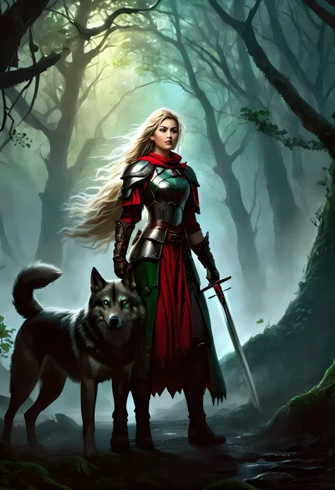 fantasy art, rpg art, dark fantasy art, ultra wide shot, raw, photorealistic, a picture of female human ranger and her wolf pet,...