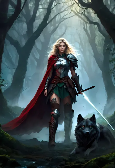 fantasy art, rpg art, dark fantasy art, ultra wide shot, raw, photorealistic, a picture of female human ranger and her wolf pet,...