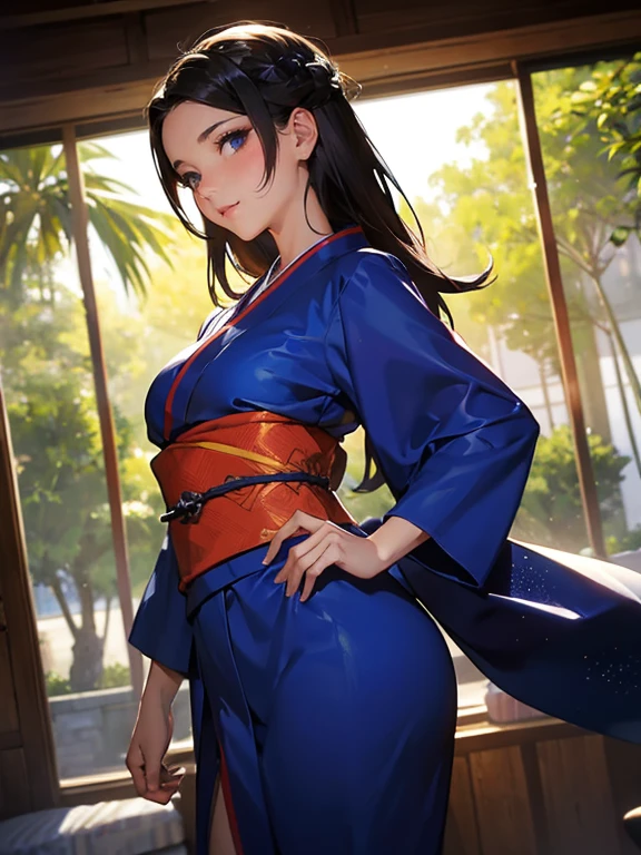 Meisterwerk, sexy Dessous zeigen(blauer Kimono), verführerisches Gesicht, gute Beleuchtung, Ausschnitt, feine Details, Meisterwerk, strahlende Augen, 1 Mädchen, schwarzes Haar, beißen, Bambus, Nezuko Kamado, Glyzinien-Hintergrund, Meisterwerk, Beste Qualität, Standpunkt, ganzer Körper, Breite Hüften,