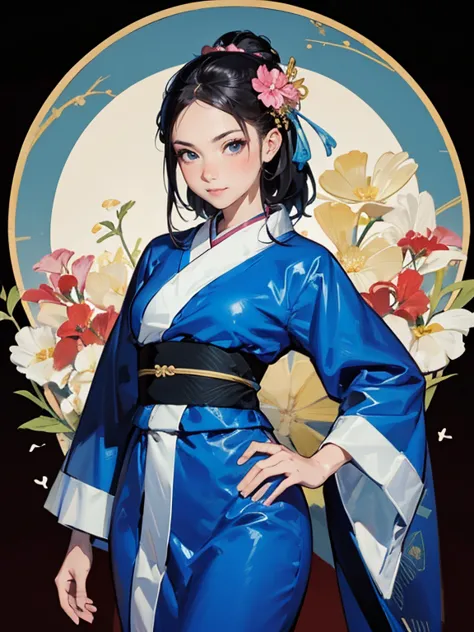 obra maestra, sexy mostrando lenceria(kimono azul), cara seductora, buena iluminacion, escote, detalles finos, obra maestra, ojo...