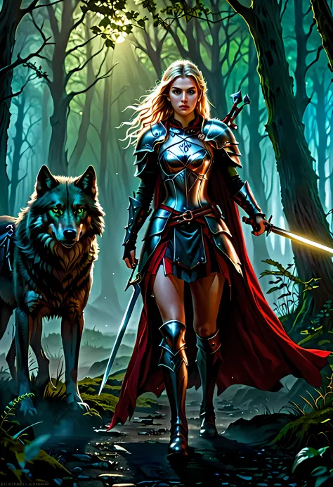 fantasy art, rpg art, dark fantasy art, ultra wide shot, raw, photorealistic, a picture of female human ranger and her wolf pet,...