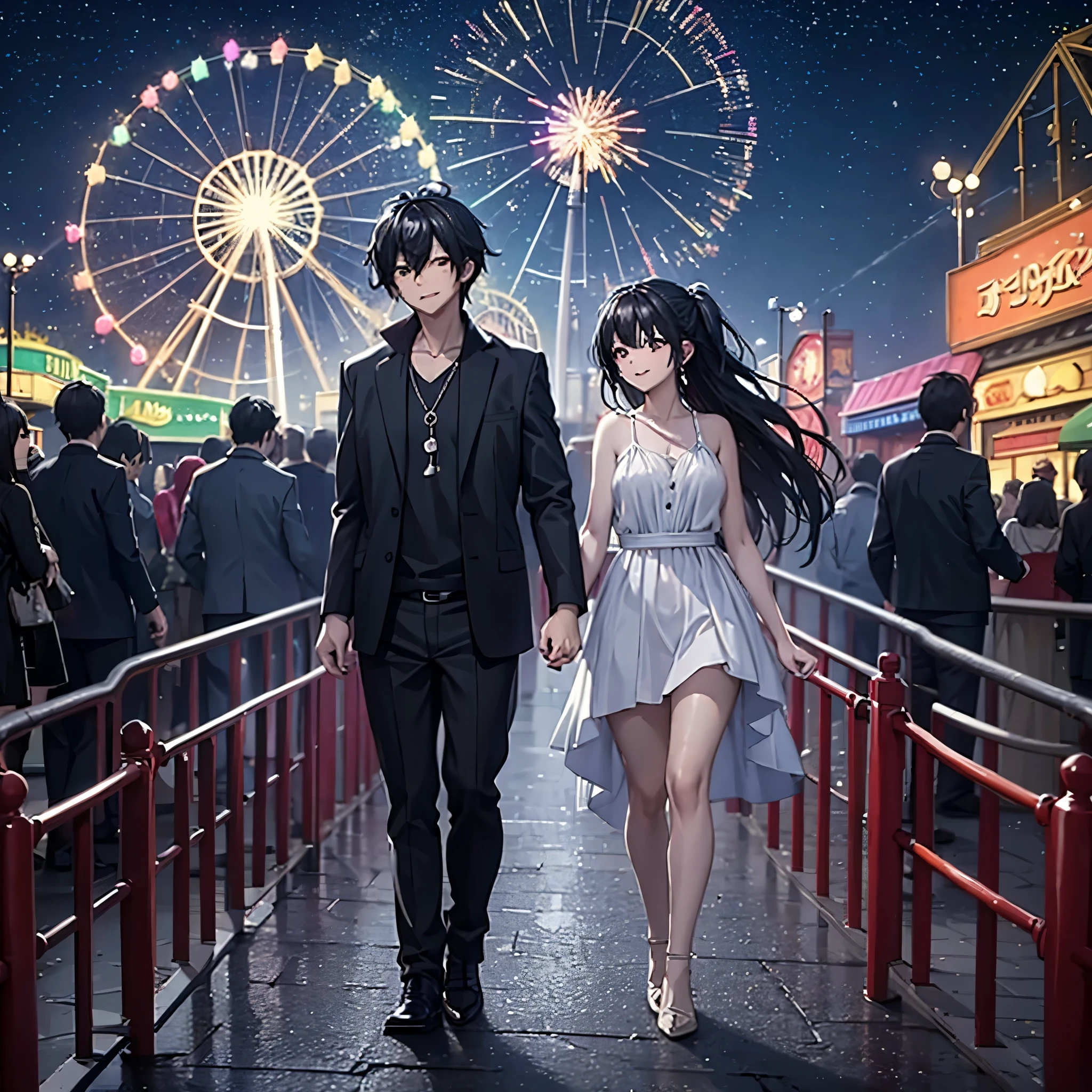 a man together with his wife and daughter, holding hands, casual clothes, walking on an amusement park ride at night, with the place lit up, bokeh effect, smiling, full body of the 3, ( just three characters),cast shadow, atmospheric perspective, flourish, 8k, super detail, accurate, best quality, UHD, anatomically correct, textured skin, high quality, high resolution, best quality
