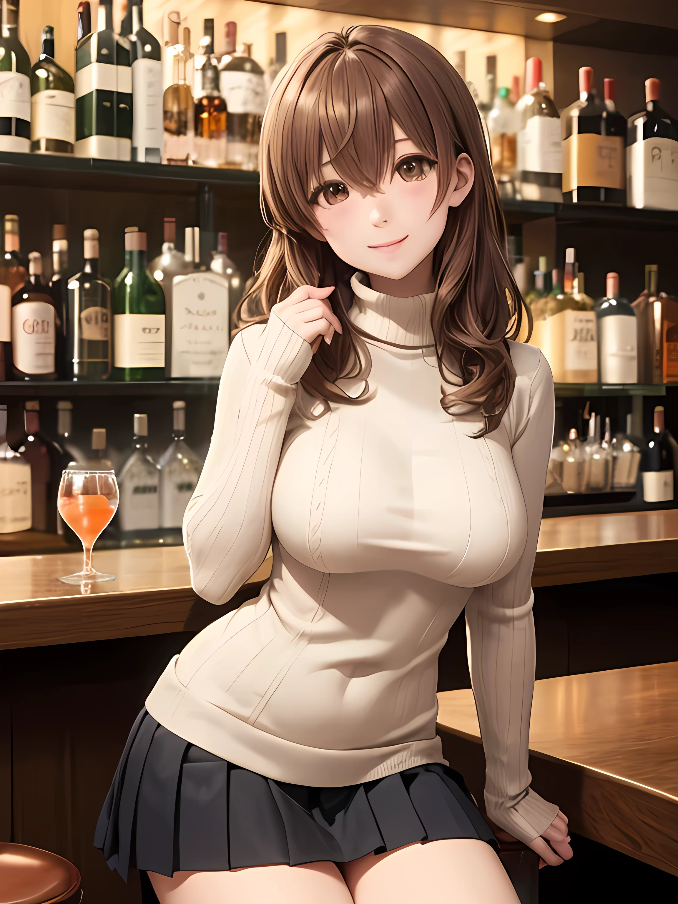 (masterpiece, best quality), (ultra-detailed), detailed beautiful face and eyes, ideal ratio body proportions, high contrast, break, cowboy_shot, shouko_nishimiya, 10 yo,light brown hair, long hair, shiny hair, (beautiful detailed brown eyes), (large breasts:0.9), beautiful face,
solo, 1girl, slender_waist, beige, turtleneck sweater, (pleated mini skirt:1.1), sitting on a stool, bar, bar counter, smile, cocktails, cocktail glass, maddler