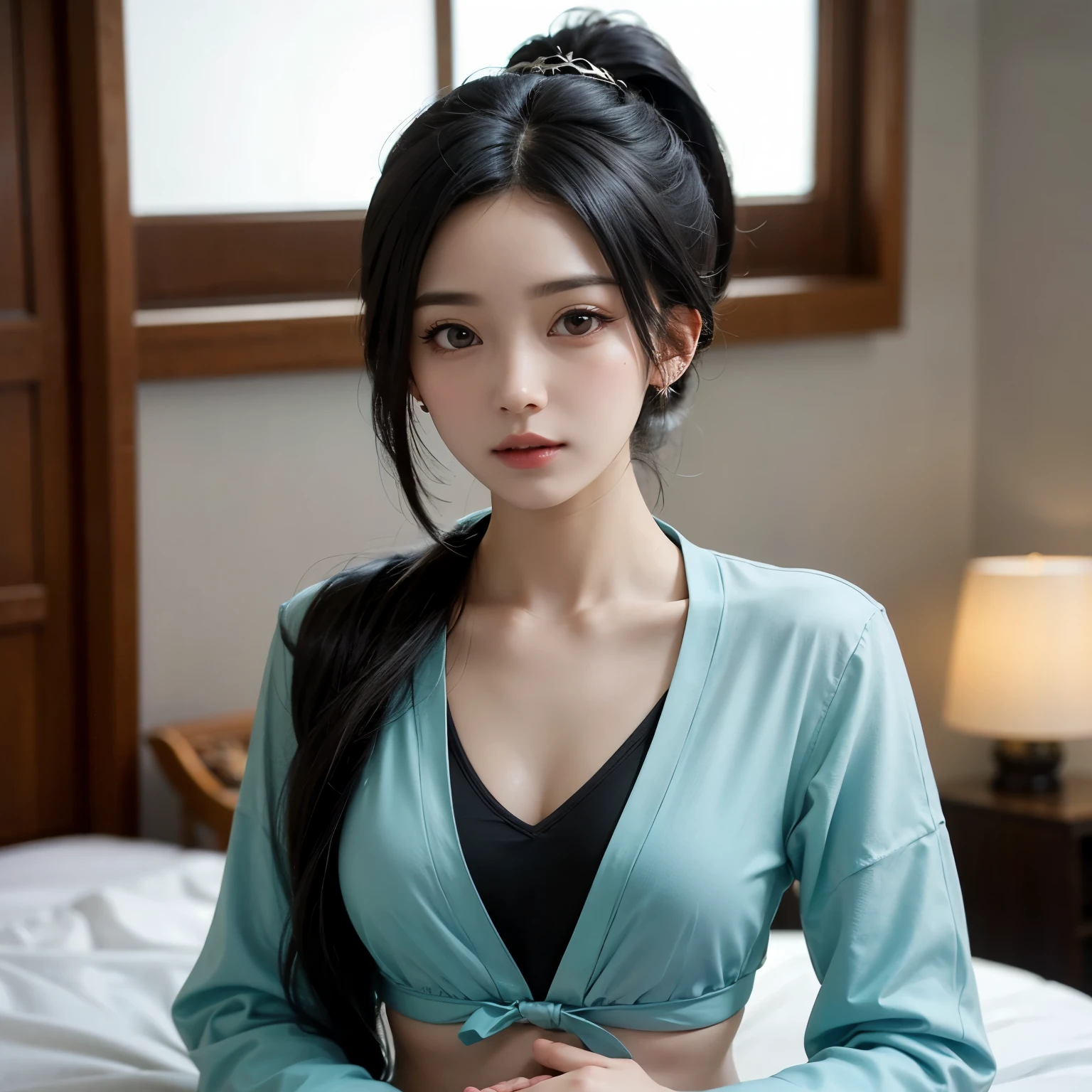 ((best quality)), ((masterpiece)), (detailed), perfect face. Black hair. Ponytail. Anime girl. Asian girl. Black eyes. Ulzzang. Bikini. Bedroom.