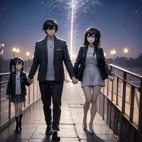 a man together with his wife and daughter (daughter like wife), holding hands, casual clothes, walking on an amusement park ride...