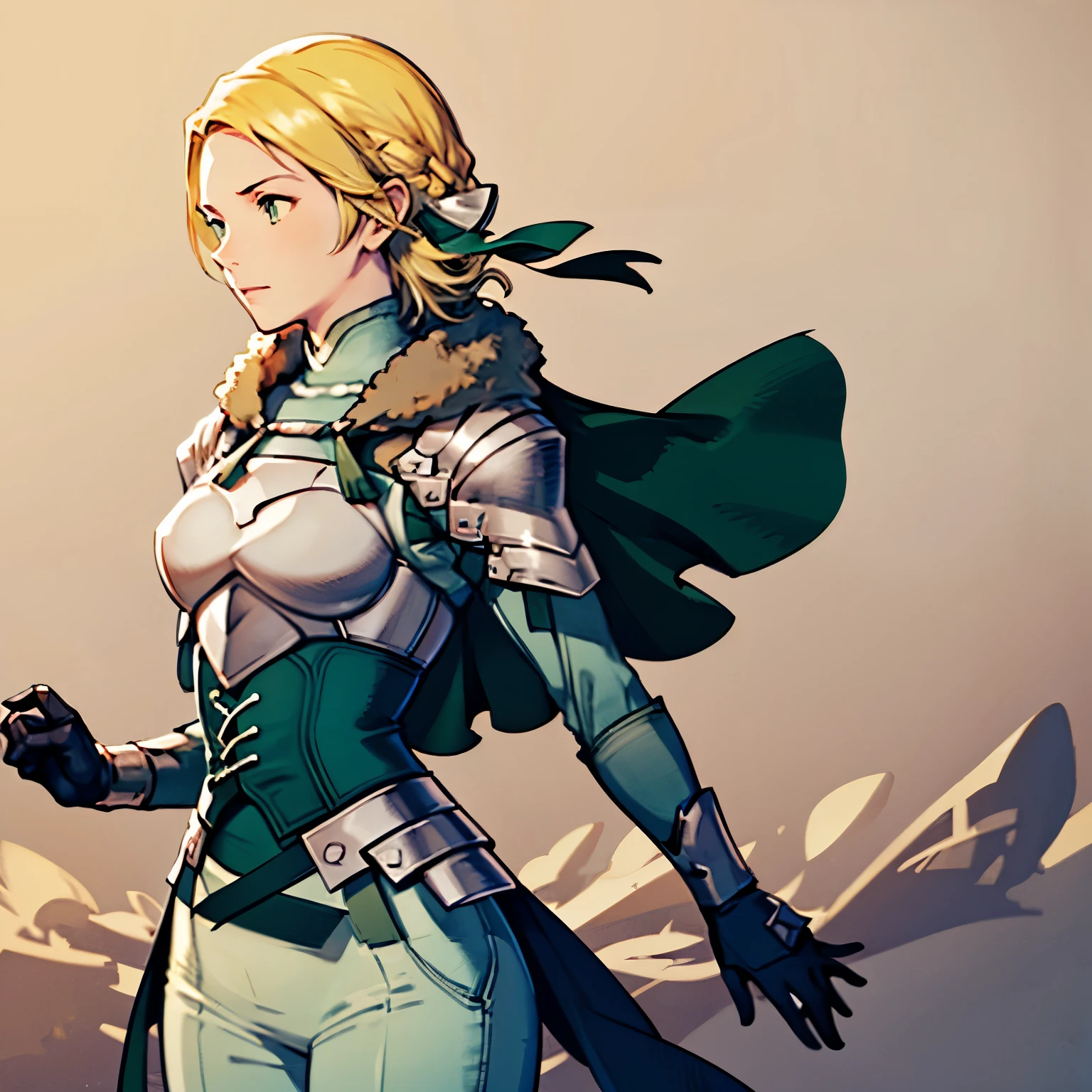 Masterpiece, solo, 1girl, upper body, warIngrid, short hair, hair ribbons, shoulder armor, armor, breastplate, underbust, green coat, fur trim, vambraces, blue gloves, green cape, green skirt, white pants