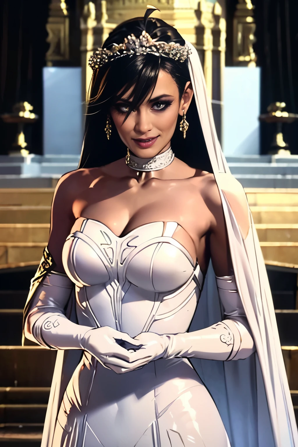 1girl, solo,Hela marvel, crown,earrings ,lipstick, eye shadow, makeup, hair between eyes, ahoge, hair ornament, gloves, dress, cleavage, bare shoulders, collarbone, white oprea gloves, white gloves, white dress, strapless, white choker, tiara, veil, strapless dress, wedding dress, bridal veil, beautiful woman, perfect body, perfect breasts, wearing a wedding dress, ball gown, in the park trees, wedding decorations, looking at the viewer,  smile, realism, masterpiece, textured skin, super detail, high detail, high quality, best quality, 1080p,