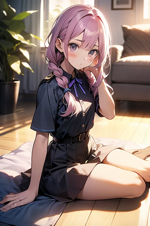 In 8K、highest quality、masterpiece、Ultra-detailed、Ultra-high resolution、((1 person))、With a girl、uniform、Braided hair、Light purple hair、long hair、compensate、Checked mini skirt、Home、Sitting on the floor、