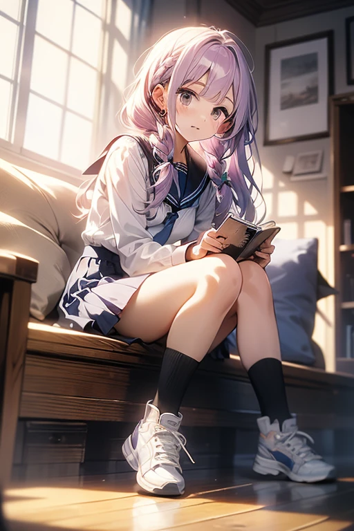 In 8K、highest quality、masterpiece、Ultra-detailed、Ultra-high resolution、((1 person))、With a girl、uniform、Braided hair、Light purple hair、long hair、compensate、Checked mini skirt、Home、Sitting on the floor、