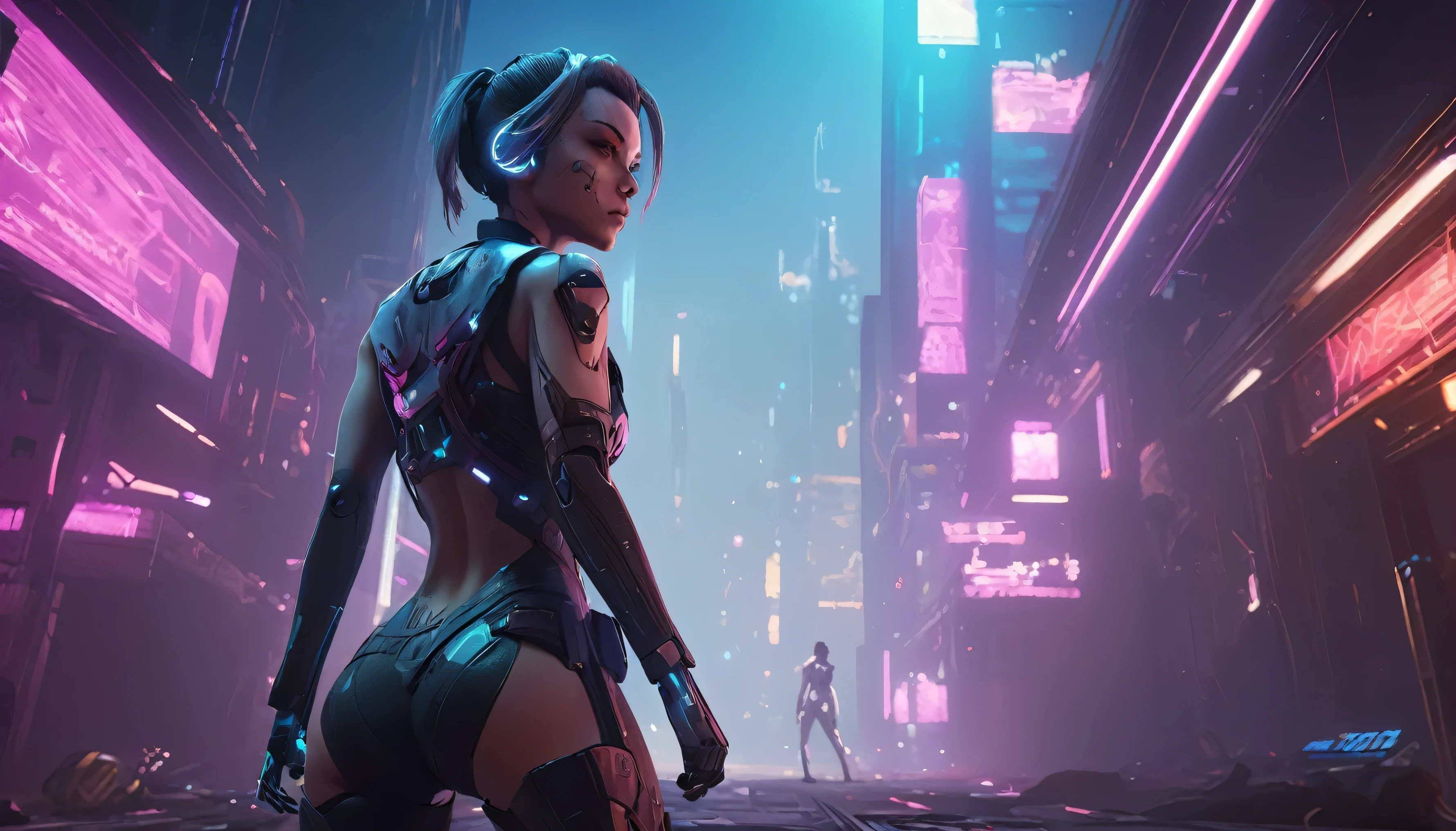 Cena cinematográfica, visão do herói, pose de ação feminina cyberpunk, fundo detalhado, obra de arte, melhor qualidade, alta qualidade, alta resolução, absurdos