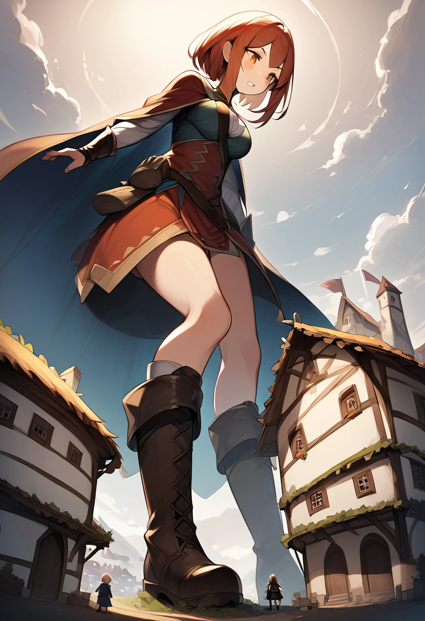 (height_difference:1.5), (size_difference:1.1), (giantess:1.1), a giantess looking down at tiny village, a tiny woman below the breasts of a giantess, (fantasy:1.1), legs, (commoner adventurer clothing), (boots)