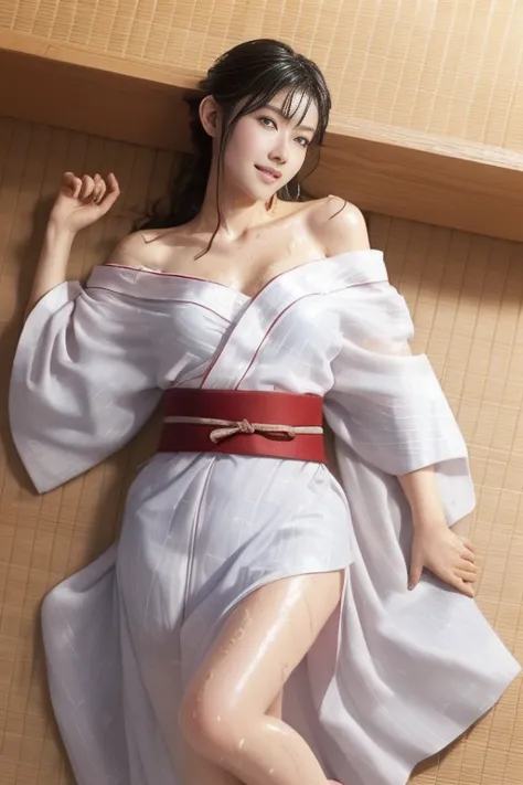 ((Full Body Shot:1.5)),((lying on her back:1.5)),(Sleeping on a tatami mat:1.3),((Yukata without belt:1.5)),((Normal position fo...