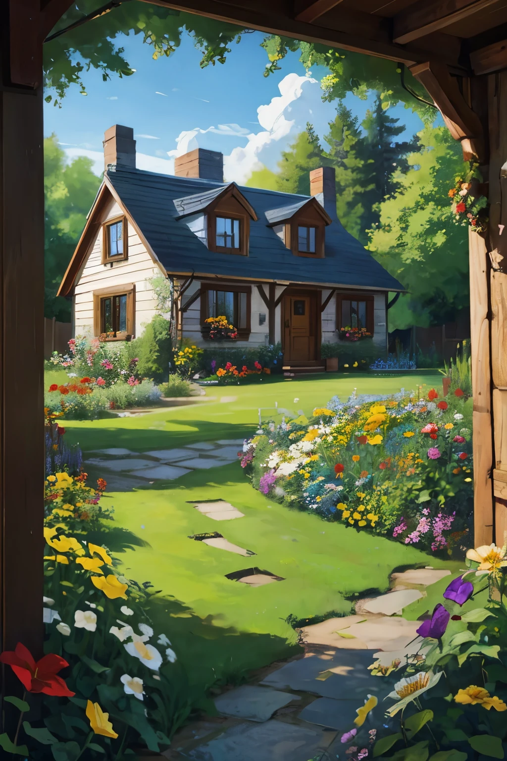 retrato de um jardim de flores de casa de campo