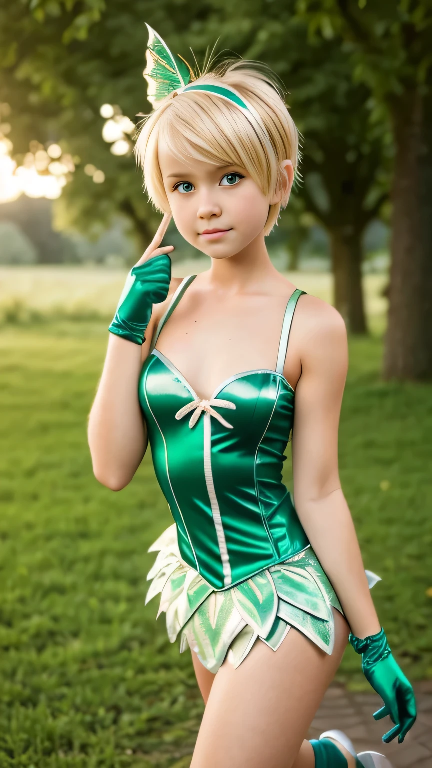 Une fille mignonne dans un costume de fée Clochette court, se tient sur un plancher en bois dur, pris d&#39;en haut, alors qu&#39;elle a l&#39;air confuse devant la caméra. coupe de lutin blonde.  Portez des gants et des chaussures vertes. pièce sombre