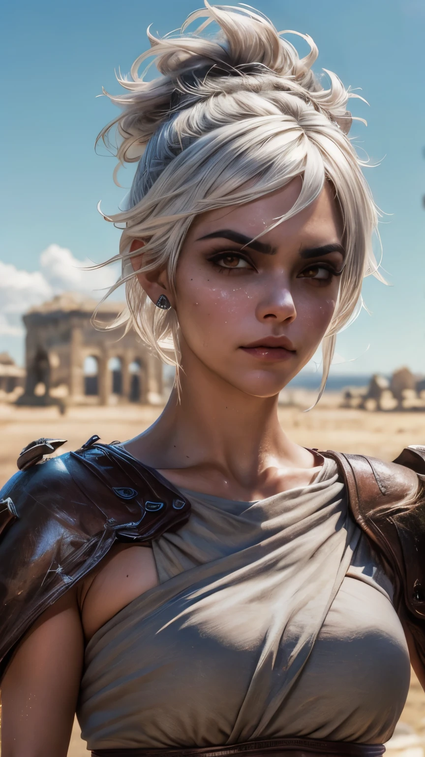 guerrera riven, holds a great sword. War. white hair (better lighting, best shadow, masterpiece, high quality), showy, dynamic, gothic feeling, many bright colors, beautiful woman in light summer clothes, loose hair, sitting, sad face, looking to the camera. tears on his face