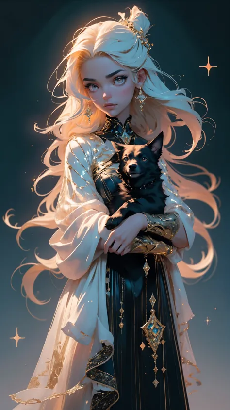 (best quality:1.2,ultra-detailed,realistic:1.37), beautiful girl holding a black dog standing in a mesmerizing dark fantasy art ...