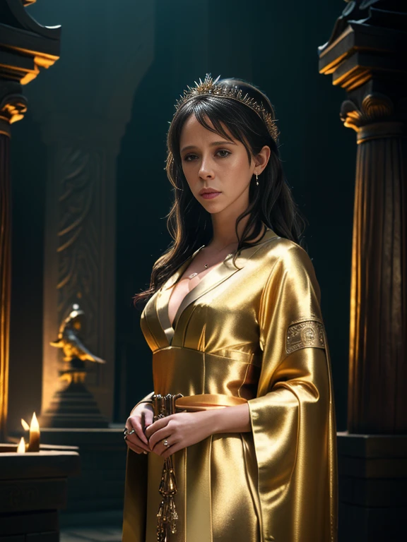 (masterpiece:1.2), (best quality,:1.2), 8k, HDR, ultra detailed, ((photorealistic)), professional light, cinematic lighting, fashion photography, ambient lighting, atmospheric effects, Jennifer Love Hewitt, as a fantasy priestess, upper body shot, wearing intricate sexy robes, magical temple, (perfect hands), epiCPhoto