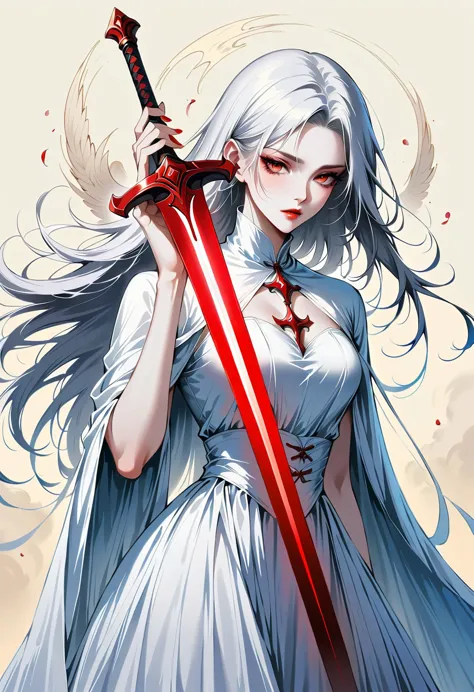 beautiful angel with sword，simple lines，abstract art，holding a red long sword，