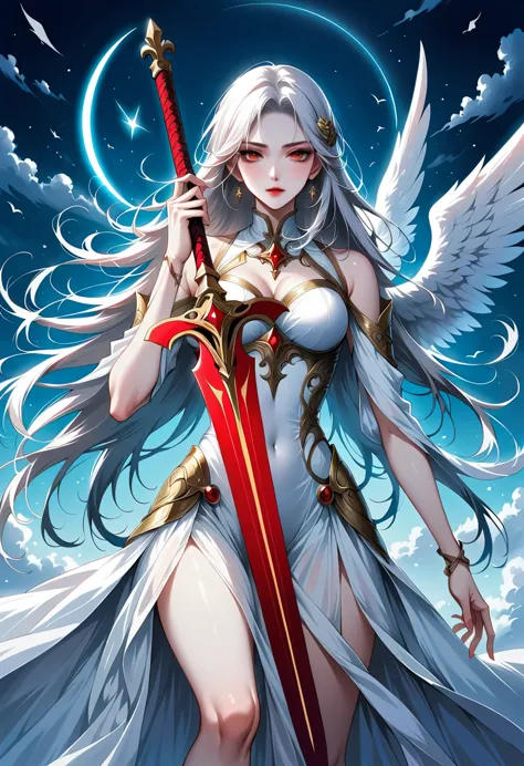 beautiful angel with sword，simple lines，abstract art，holding a red long sword，