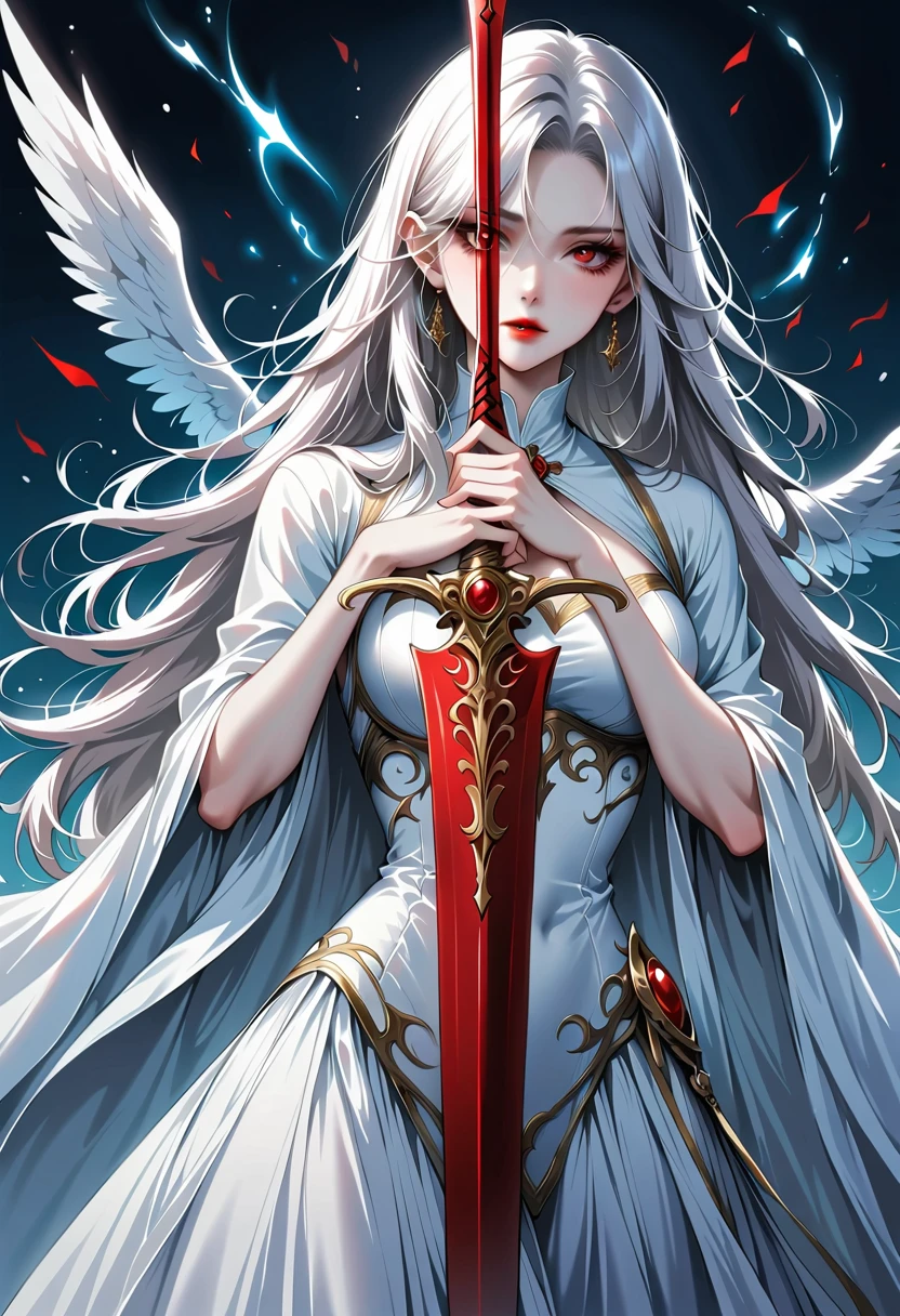 Beautiful angel with sword，Simple lines，Abstract Art，Holding a red long sword，