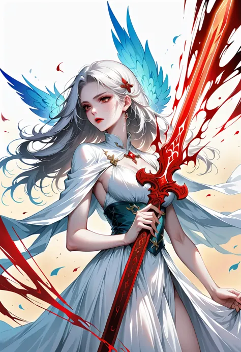 beautiful angel with sword，simple lines，abstract art，holding a red long sword，