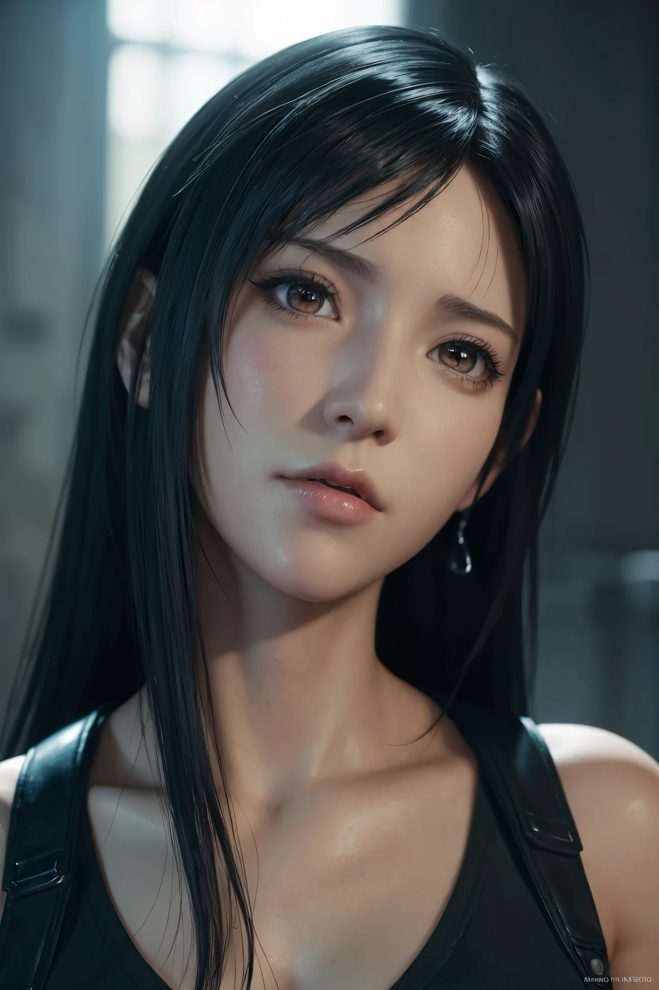 (mejor calidad,ultra detallado),(Realista:1.37),Tifa Lockhart, cara hermosa y detallada, maquillaje de ojos negros, textura ultra realista, cara delicada, expresión seria