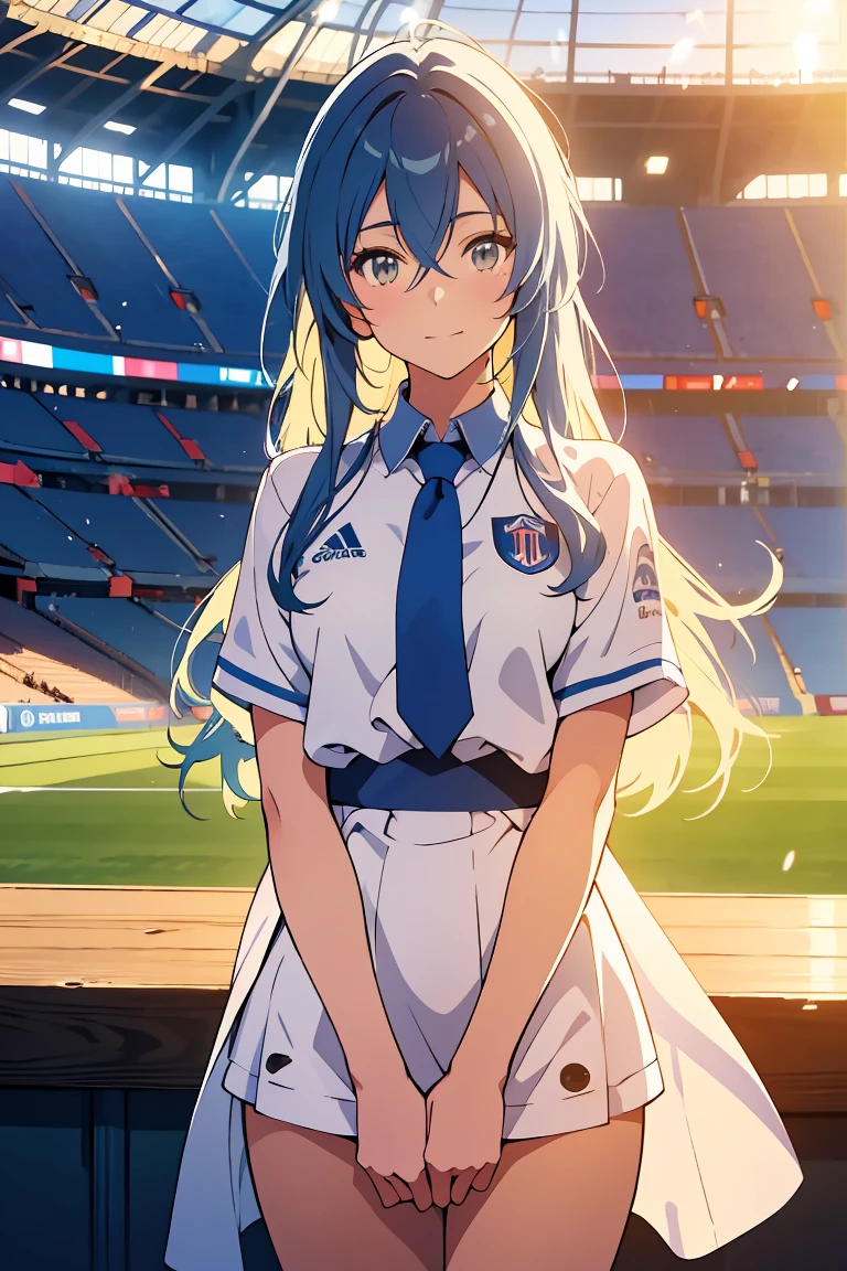 en un sueño, Ilustración de estilo anime, Esdeath de Akame Ga Kill se encuentra sola en un estadio de fútbol., bañado en un cálido, luz dorada. Lleva una camiseta del Paris Saint-Germain, numero 7, con un suave, Sonrisa suave, en contraste con un fondo borroso, fondo degradado, evocando una sensación de tranquila contemplación y soledad. 