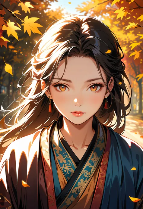 Chinese beauty, closeup of her face, beautiful eyes and lips, Hanfu, autumn scene, golden leaves, sunlight shining through the b...