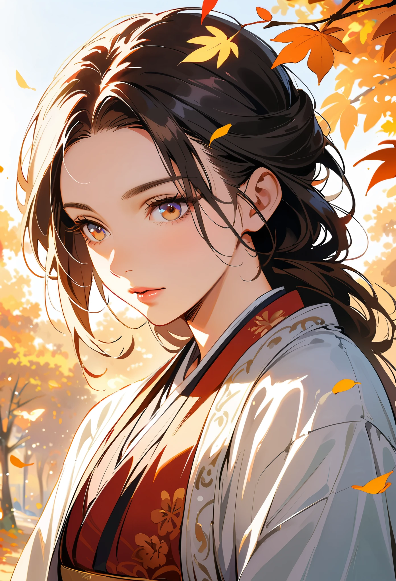 Chinese beauty, closeup of her face, beautiful eyes and lips, Hanfu, autumn scene, golden leaves, sunlight shining through the branches on her hair, in the style of cinematic photography, natural light, high definition.