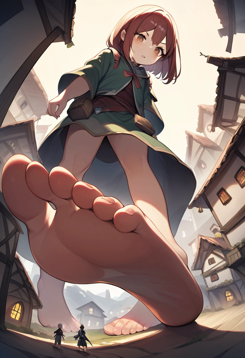 (height_difference:1.5), (size_difference:1.1), (giantess:1.1), a giantess looking down at tiny village,(fantasy:1.1), legs, (commoner adventurer clothing), (barefoot), (closeup foot toenails)