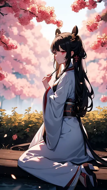 1 anime girl, she wears hanfu, she's cute, pigtails,dark-haired, long hair, wavy hair, gorgeous, she wears shinigami mask, natur...