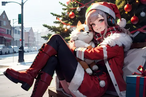 best quality, 1girl, attractive female, santa plush hug, listening to music, Christmas tree and Christmas decors everywhere, cro...