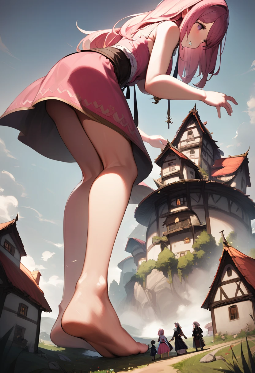 (height_difference:1.5), (size_difference:1.1), (giantess:1.1), a giantess looking down at tiny village, a tiny village below the breasts of a giantess, (fantasy:1.1), legs, (commoner adventurer clothing), (barefoot), (cute pink girl clothing), (macro: 1.2)