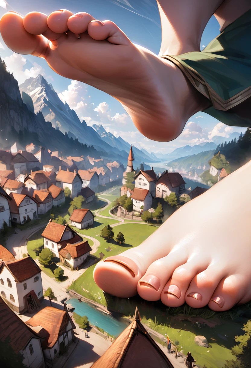 (giantess:1.1), a giantess looking down at tiny village,(fantasy:1.1), legs, (commoner adventurer clothing), (barefoot), (closeup foot toenails)