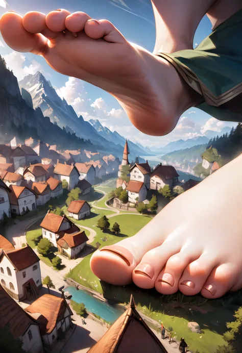 (giantess:1.1), a giantess looking down at tiny village,(fantasy:1.1), legs, (commoner adventurer clothing), (barefoot), (closeu...