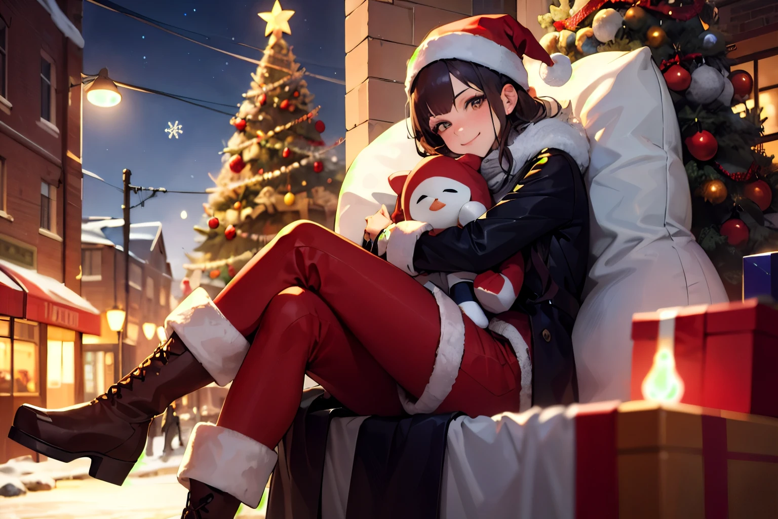 best quality, 1girl, attractive female, santa plush hug, listening to music, Christmas tree and Christmas decors everywhere, crossed legs, fur boots, (outside of cafe with many sparkeling), scarf, solo, evil smile, intricate coat, fur coat, colorful theme, extremely detailed, masterpieces, 