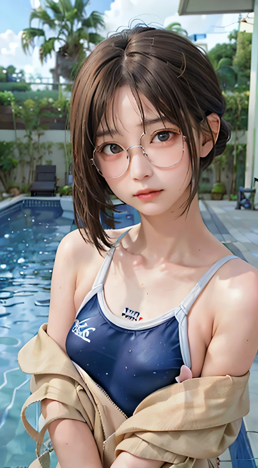 highest quality, RAW Photos, Realistic, face, Incredibly beautiful girl, cute, Long Hair,ponytail，Glasses，Written boundary depth, High resolution, Super detailed, detailed, Very detaileded, extremely detaileded eye and face, Sharp pupils, Realistic students, Sharp focus, Cinema Lighting, Japanese, Short women,  Physical build, Short arms, Long, narrow eyes, Fleeting atmosphere, 30 years old, Brown bob hair, ((thin lips)), White top and bottom underwear, Masterpiece, highest quality, Detailed skin, Detailed face, Fine grain, 8k, Excellent anatomy, Upper body portrait，flat breasts, small breasts, small,( small bust: 1.2), small bust, (slim, small, flat, small), thin, Delicate and sexy collarbone, One Girl, (Beautiful girl, Delicate girl:1.3), (15 years old:1.3),
break, (One piece swimsuit, Swimsuit:1.2),
break, (Pool:1.3),
break, Very beautiful eyes, (Symmetrical eyes:1.3),
break, , Brown eyes, Parted bangs, Brown Hair, (Upper teeth, The best smile:0.2),
break, (Eyes and face detail:1.0),
break, (masterpiece, highest quality, Super detailed, Detailed face, 8k)