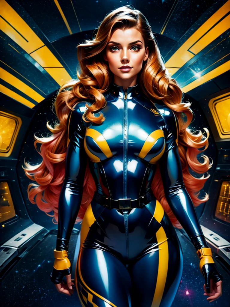 Best quality illustration, space beautiful vintage woman,LONG CURLY hair, looking to observer, LITTLE SHY SMILE, tight latex suit RED with details BLUE AND YELLOW under hi-tech armor, hi-tech gloves, militar tactical belt, spaceship scenario,difuse red lights