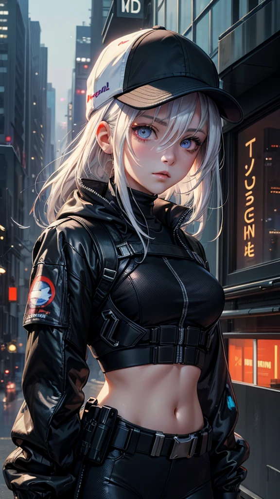 masterpiece, best quality, 4k, UHD, mishoujo, beautiful eyes and detailed face, illustration, beautiful detailed, high resolution illustration, glowing_white_particles, 1girl, white hair, light purple eye, hair over one eye, short side tail, baseball cap, expressionless, window shade, black jacket, black crop shirt, chest rig, cyberpunk, techwear, (Impressionism:1.4), mid body portrait, cyberpunk city background, looking serious, skneeling
