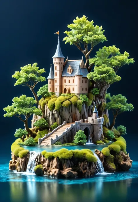 A small floating island with an old castle and trees on it, macro photography, creative work, meticulous details, miniature scul...