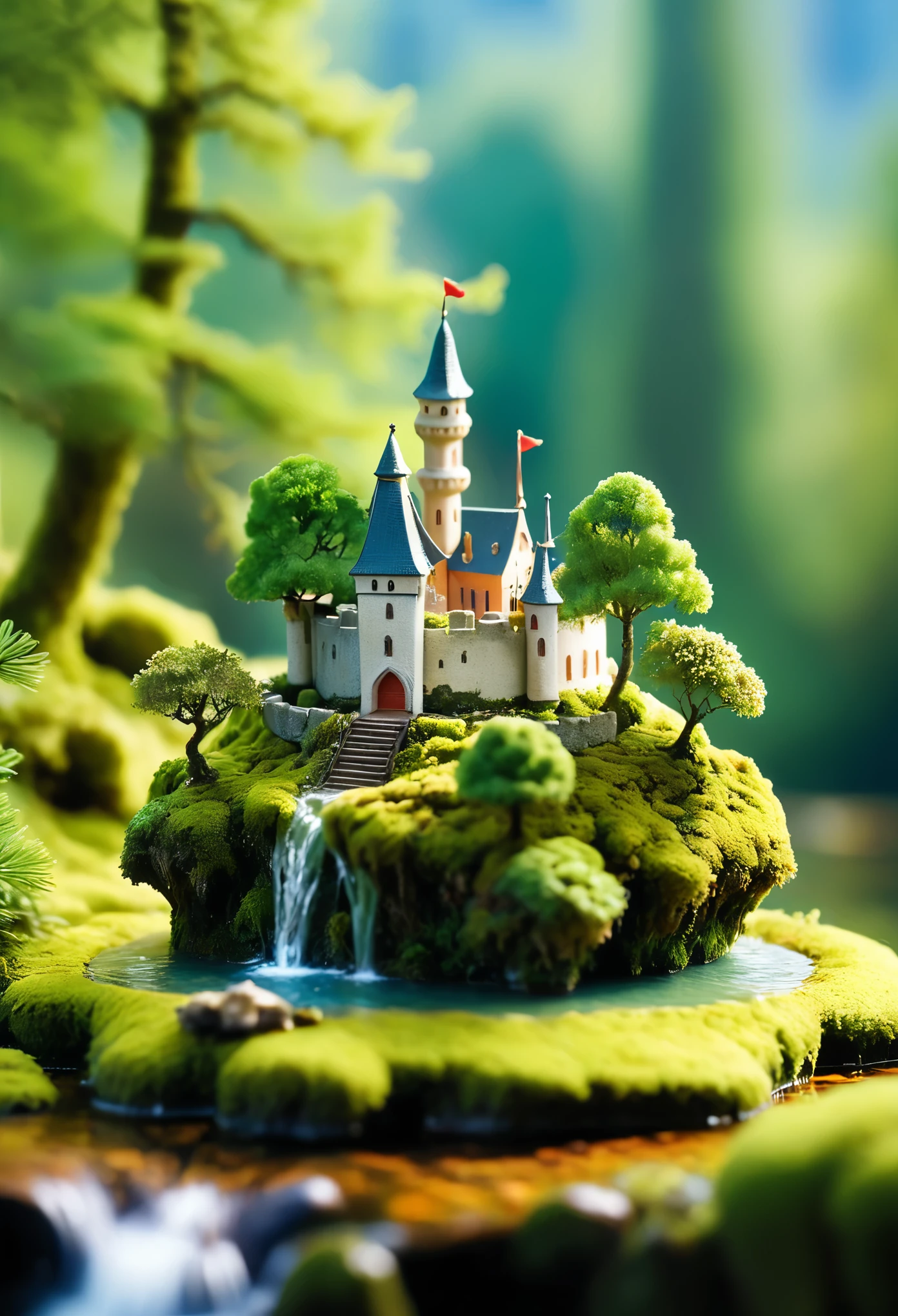 A floating island with an old castle, trees and moss, miniature world, tilt shift photography, cute. The island has an old castle and trees covered in moss, creating a miniature world. The photography has a tilt shift effect in the style of cute miniature scenes.