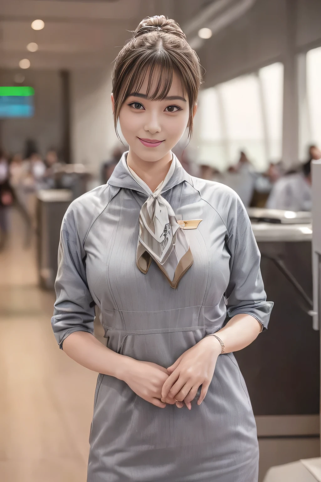 (masterpiece:1.2、highest quality:1.2)、32K HDR、High resolution、(alone、1 girl、Slim figure)、（Realistic style with Starlux Airlines uniform）、 (In the airport lounge, Professional Lighting)、A proper woman, Beautiful Face,、（Starlux Airlines silver uniform:1.4）、（Starlux Airlines silver uniform with short sleeves）、（scarf on chest）、Big Breasts、（Long hair updo、Chignon）、Dark brown hair、Long Shot、（（Fine hand：2.0））、（（Harmonious body proportions：1.5））、（（Normal limbs：2.0））、（（Normal finger：2.0））、（（Delicate eyes：2.0））、（（Normal eyes：2.0））)、Beautiful standing posture、smile