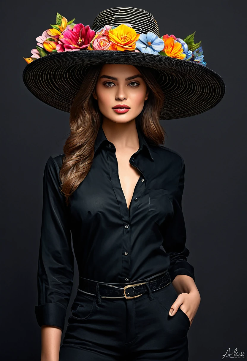 crea una mujer con sombrero elegante negro ,con camisa de flores, obra maestra, estilo ilustracion de Ali Erturk, alto detalle, hiperrealista, luz natural,ilustracion , colores llamativos
