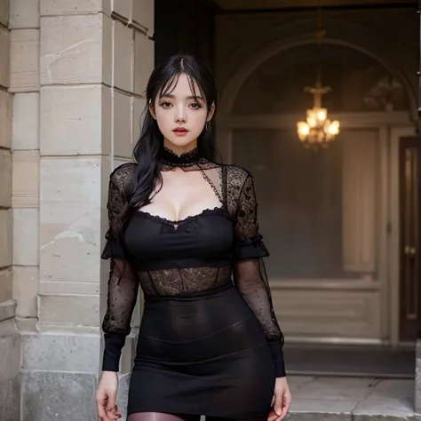 ((Top Quality、16K、​masterpiece:1.3))、a tall and beautiful woman、Perfect Figure:1.4、(gothic aesthetic) Slim Abs、(goth girl) black...
