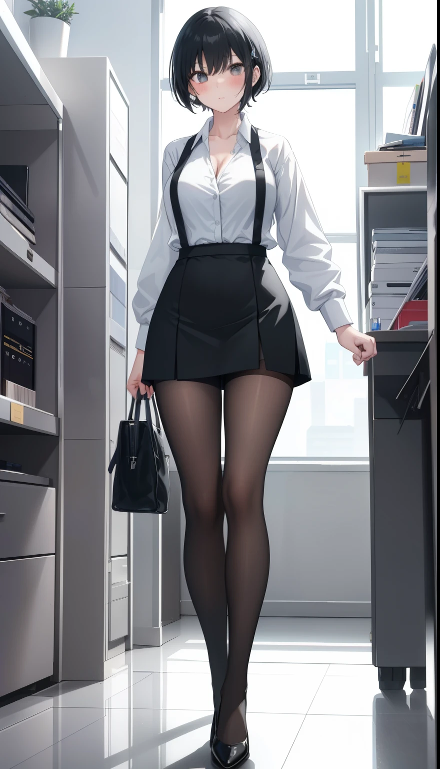 One Girl、positive、Standing posture、Full body portrait、Black Hair、Medium Haircut、blush、Absolute area、Black knee-high socks、Knee-length、stockings、Black Pantyhose、White underwear、Light blue shirt、Blue-gray business suit、Grey tight mini skirt、Japanese office lady、Summer clothes、office、Daytime、（Very large breasts）、Cleavage、open chest shirt、((Lesbians all over the world))、masterpiece、（highest quality）、
Panties around the ankles、Black high heels、Shirt buttons fly off